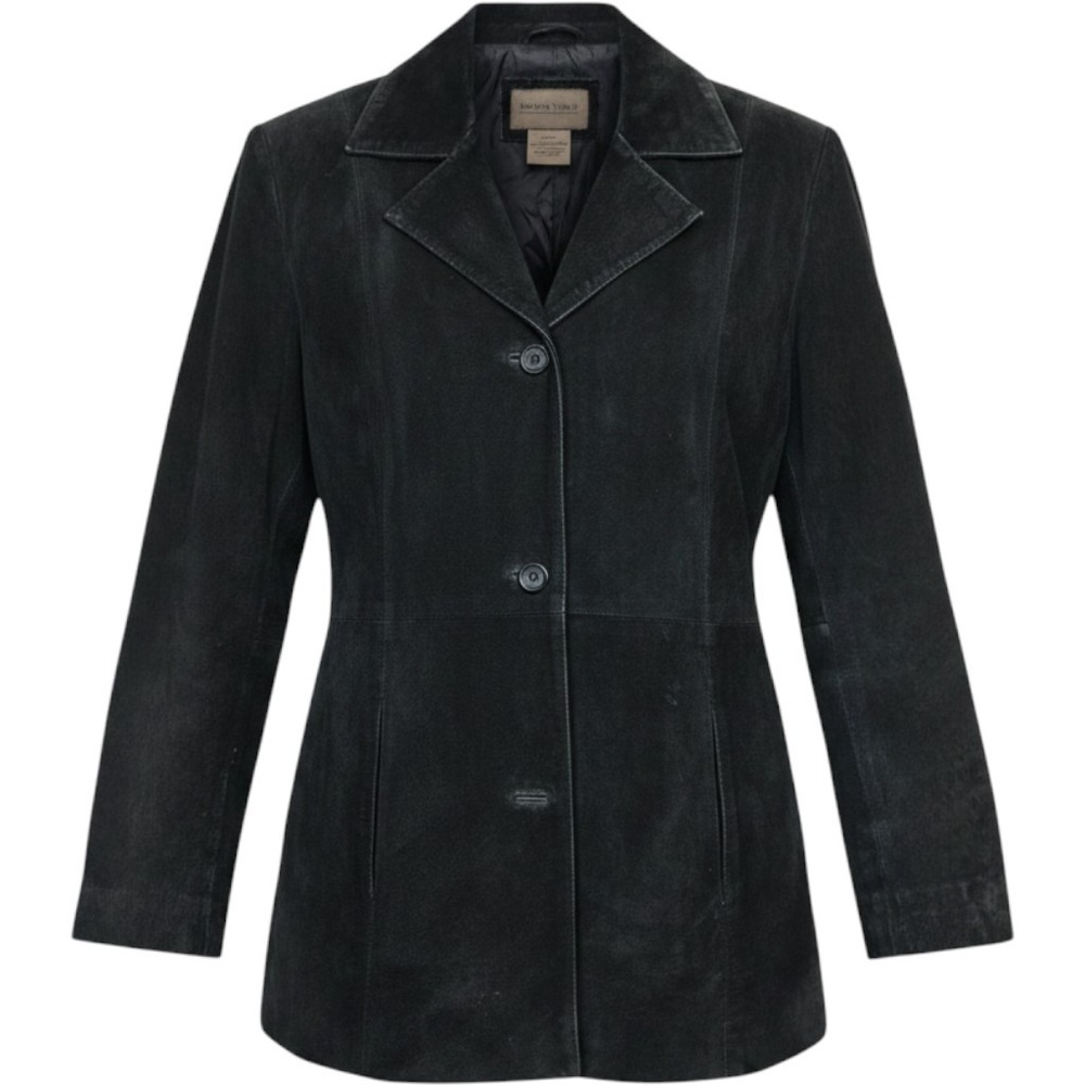 Brandon Thomas Womens Black Suede Leather Blazer Jacket 3 Button Coat Size M